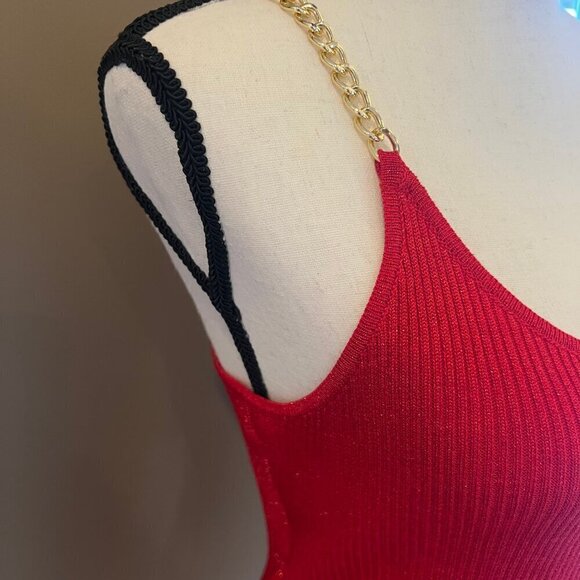 No Boundaries Women's Hot Red Sparkly Tank with gold chai strap, Size Medium - Picture 3 of 8